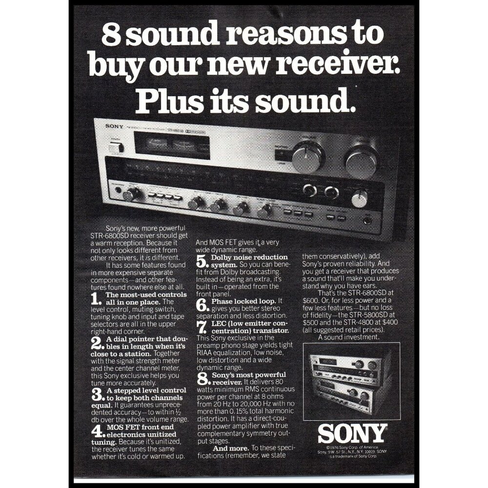 1976 Sony Stereo Receiver STR-6800SD Vintage Print Ad Audiophile 70s Wall Art